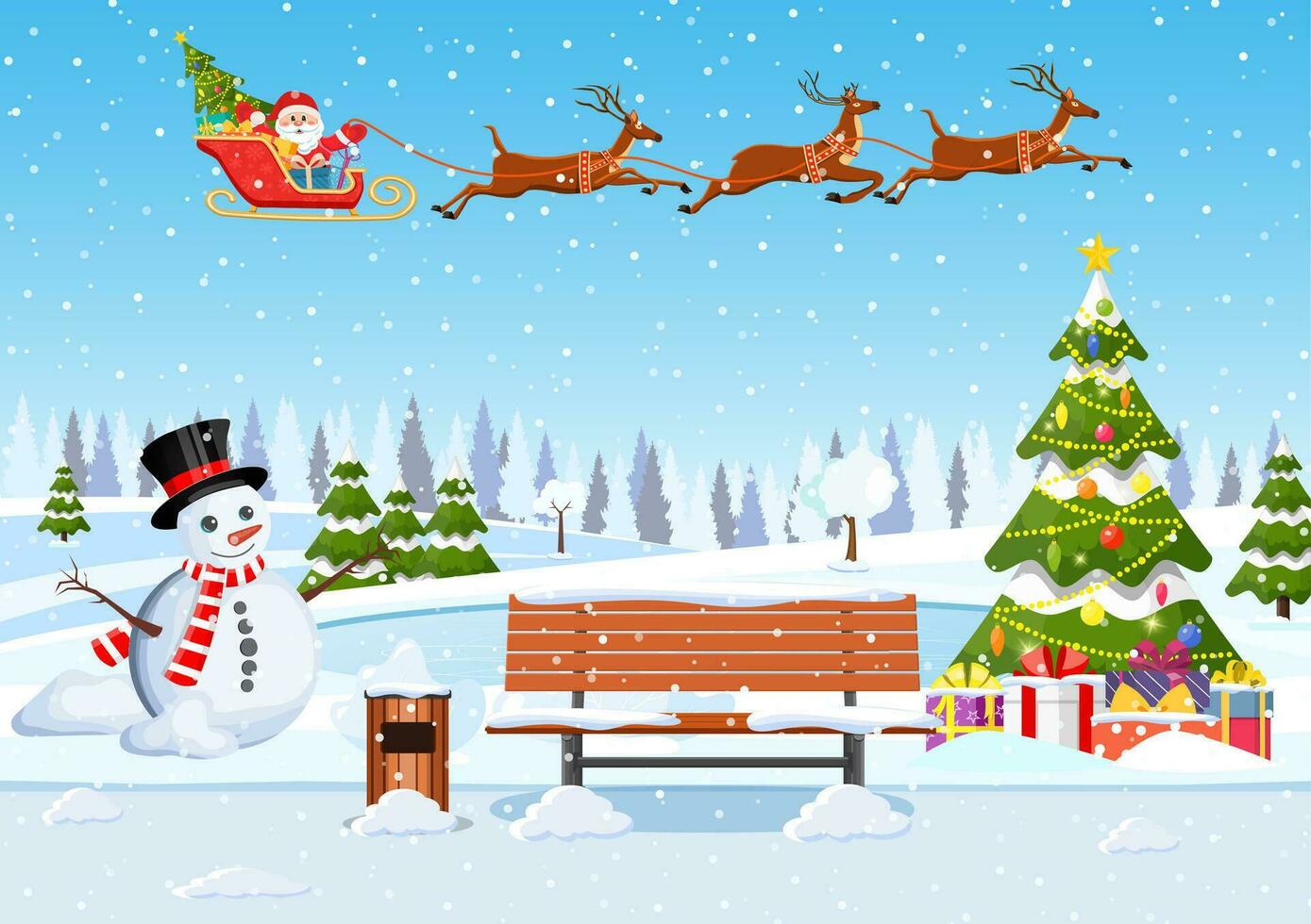 neigeux hiver ville parc avec Noël des arbres, banc, bonhomme de neige hiver Noël paysage pour bannière, affiche, la toile. Père Noël claus équitation sur traîneau. vecteur illustration dans plat style