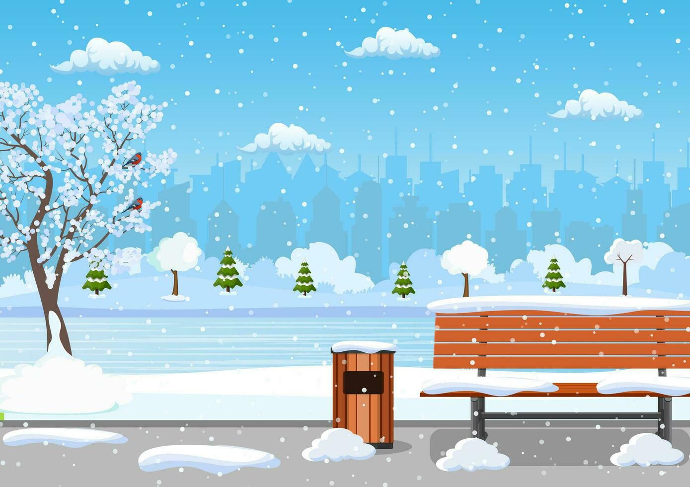 hiver journée parc scène. neige couvert en bois banc avec rue lampe et poubelle peut. Noël paysage Contexte avec neige et arbre. joyeux Noël vacances. vecteur illustration dans plat style