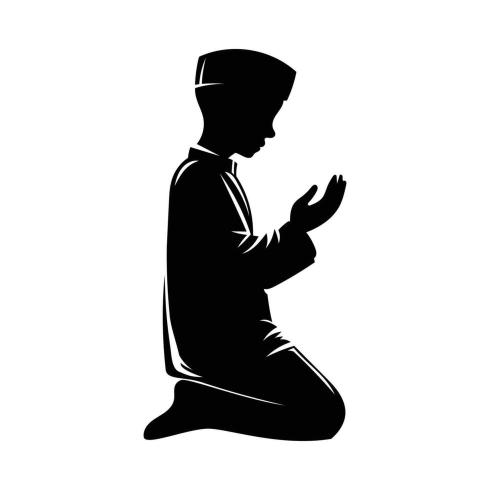 une silhouettes de solennellement musulman garçon élevage leur mains dans prière, a genou et s'inclinant, vecteur illustration