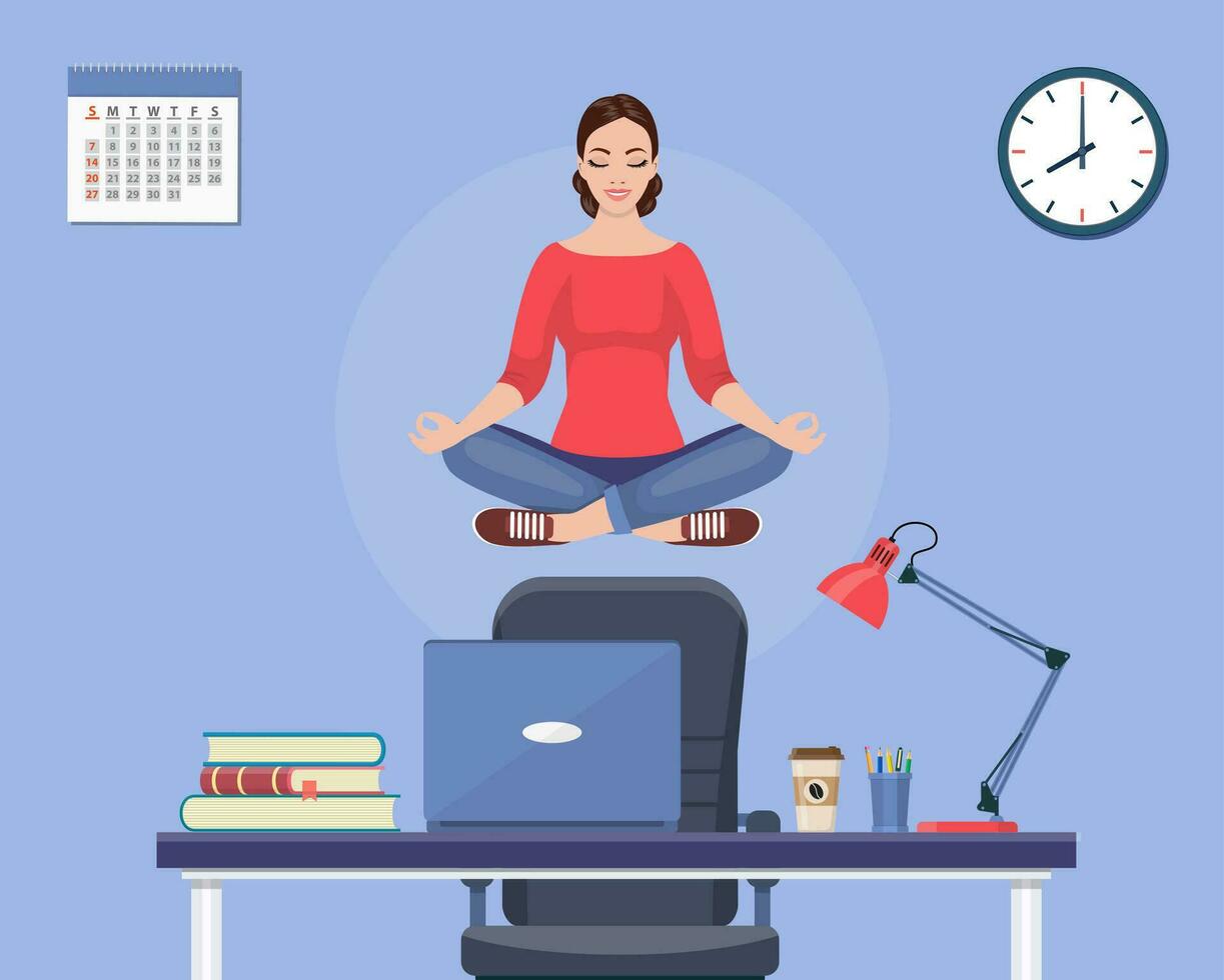 femme d'affaires Faire yoga à calme vers le bas le stressant émotion de difficile travail dans Bureau plus de bureau avec Bureau concept de méditation . vecteur illustration dans plat style