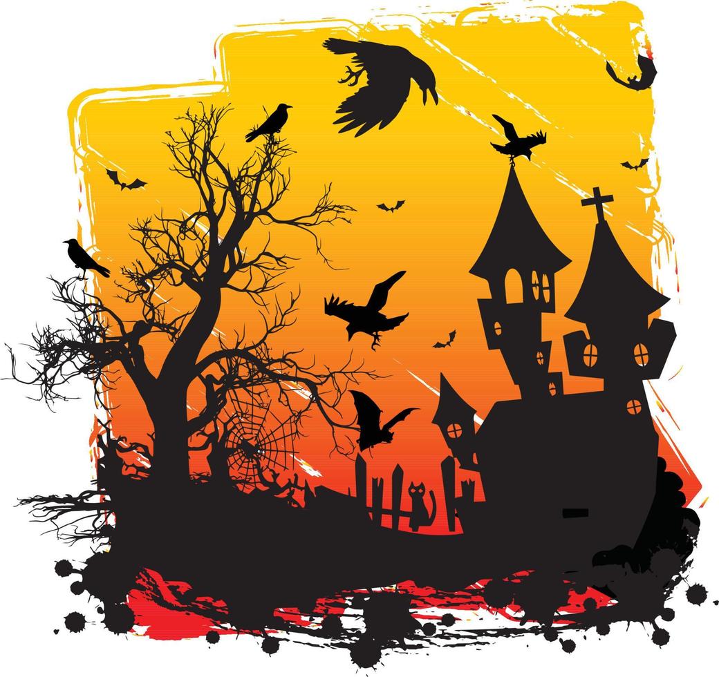 conception d'halloween effrayant de maison hantée avec des citrouilles et des chauves-souris temps du site du soleil vecteur