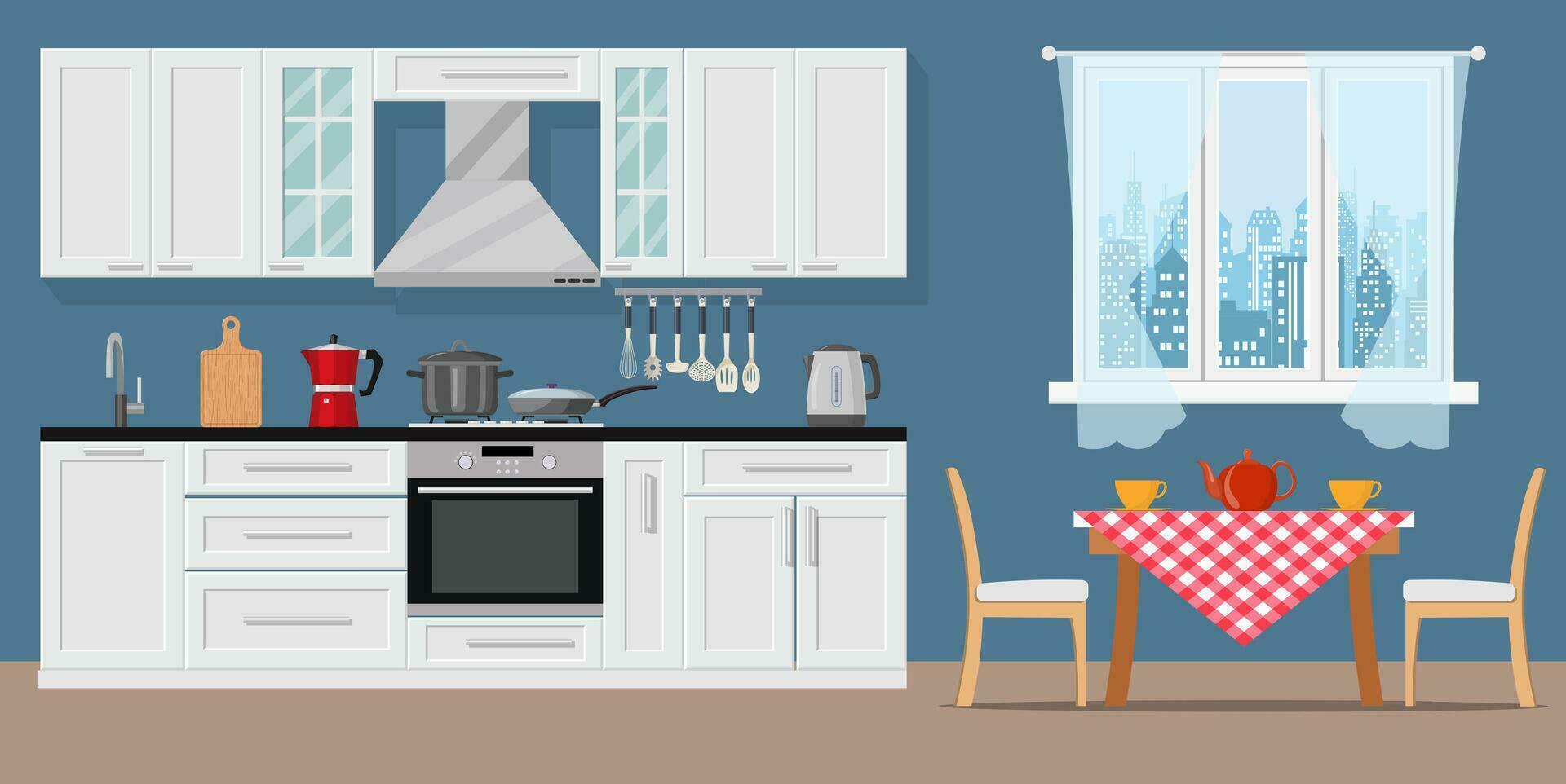 moderne cuisine intérieur avec meubles et cuisine dispositifs. graphique conception modèle. travail surface pour cuisson. vecteur illustration dans plat conception