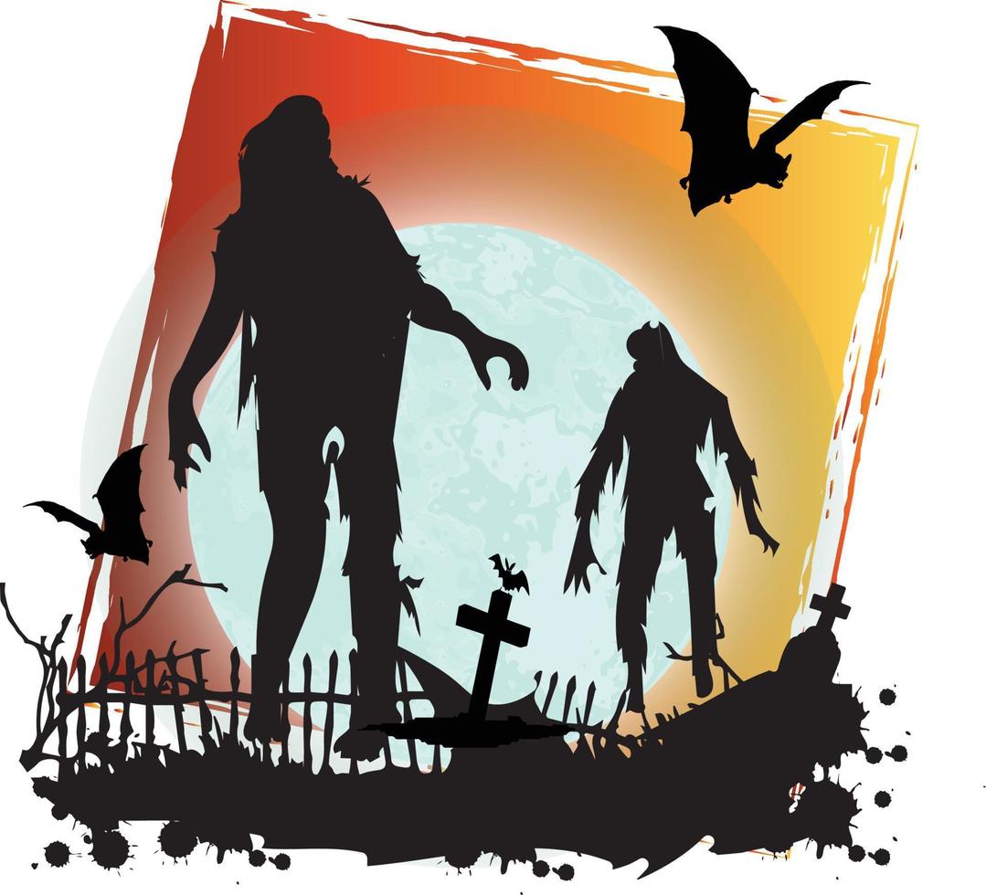 zombies dans un cimetière avec un design effrayant d'halloween avec une maison hantée de sorcière vecteur