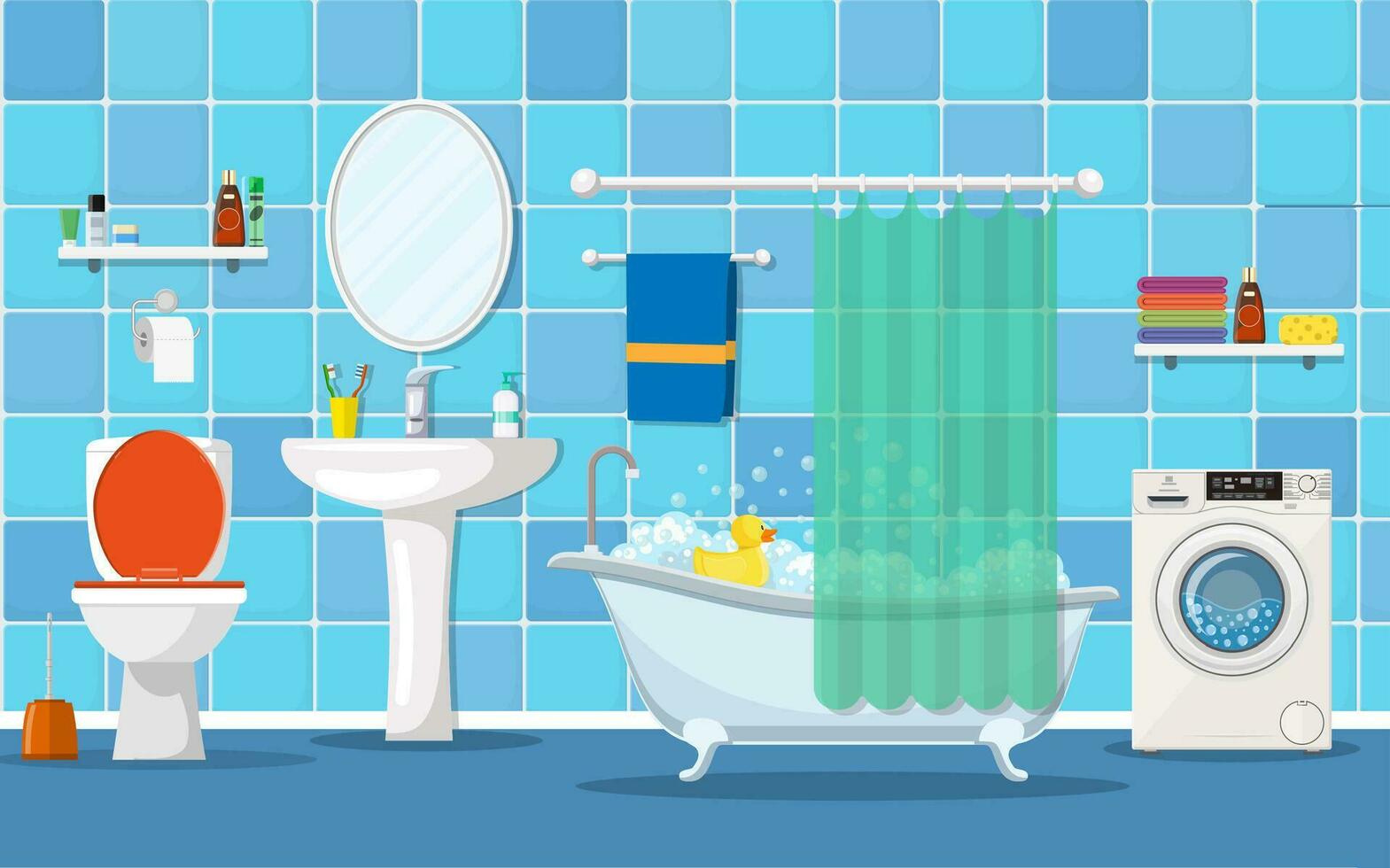 moderne salle de bains intérieur avec meubles. Accueil intérieur objets - bain, carré miroir, laver bassin. vecteur illustration dans plat style