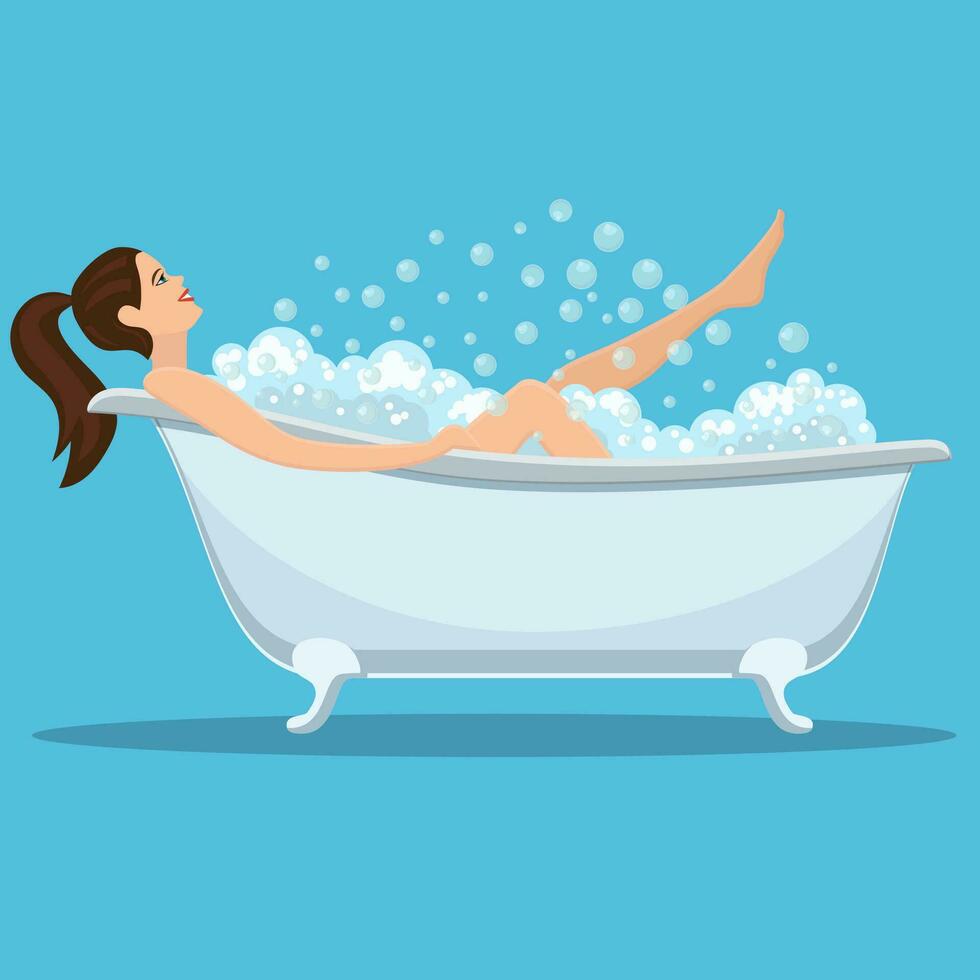 femme prise une bain. relaxant fille dans salle de bains. vecteur illustration dans plat style