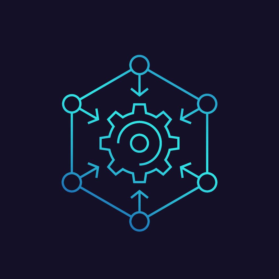 processus d'intégration, icône de la technologie avec roue dentée et flèches, linéaire vecteur