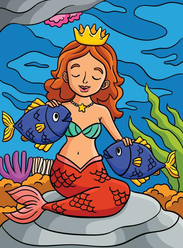 Princesse Sirène et poisson coloré dessin animé vecteur