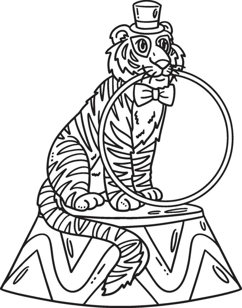 cirque tigre mordant une hula cerceau isolé coloration vecteur