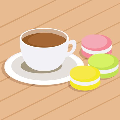 Café et trois macarons de couleurs différentes sur la table. Illustration de plat Vector