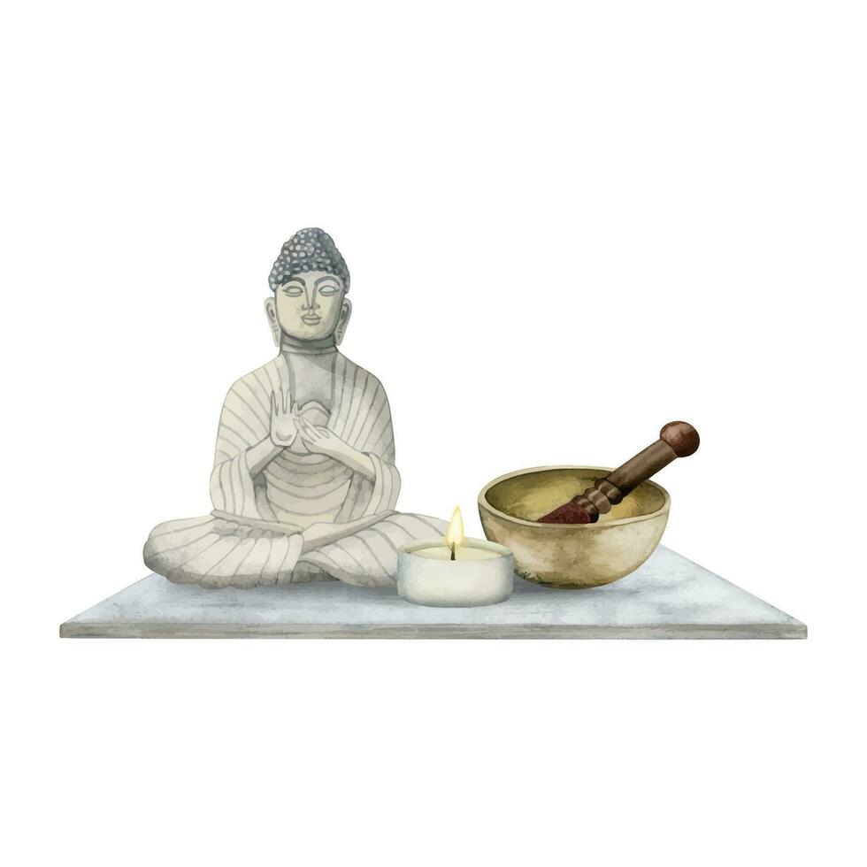 méditer Bouddha avec bronze en chantant bol et brûlant bougie aquarelle vecteur illustration. du son holistique guérison du son une baignoire