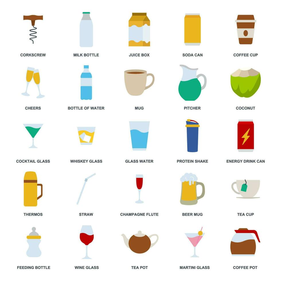 boisson icône ensemble, inclus Icônes comme Bière tasse, dossier, thé pot, Lait bouteille et plus symboles collection, logo isolé vecteur illustration