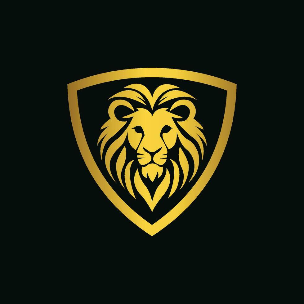 Lion tête bouclier logo conception isolé sur une noir Contexte vecteur