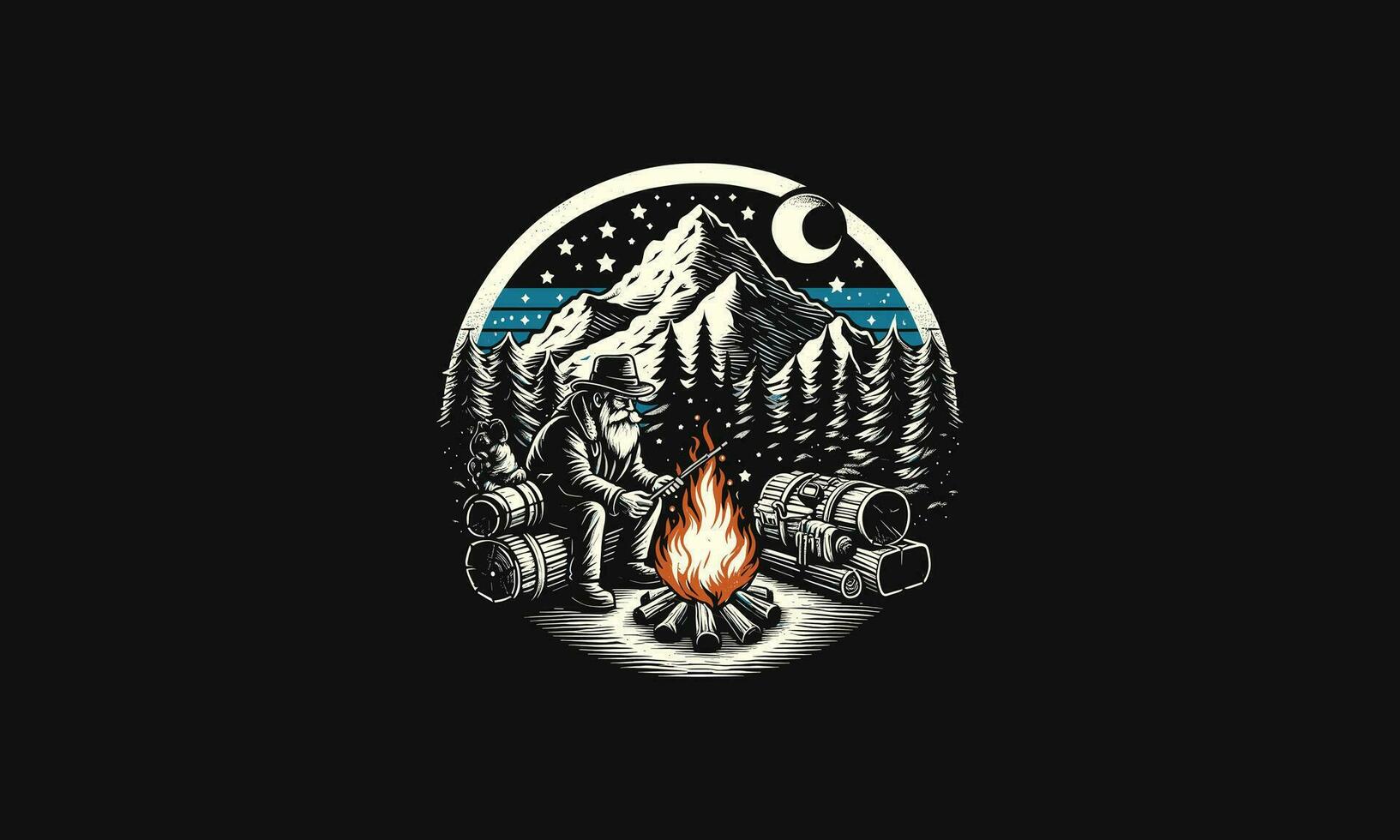 vieux homme feu de camp sur forêt neige vecteur ouvrages d'art conception