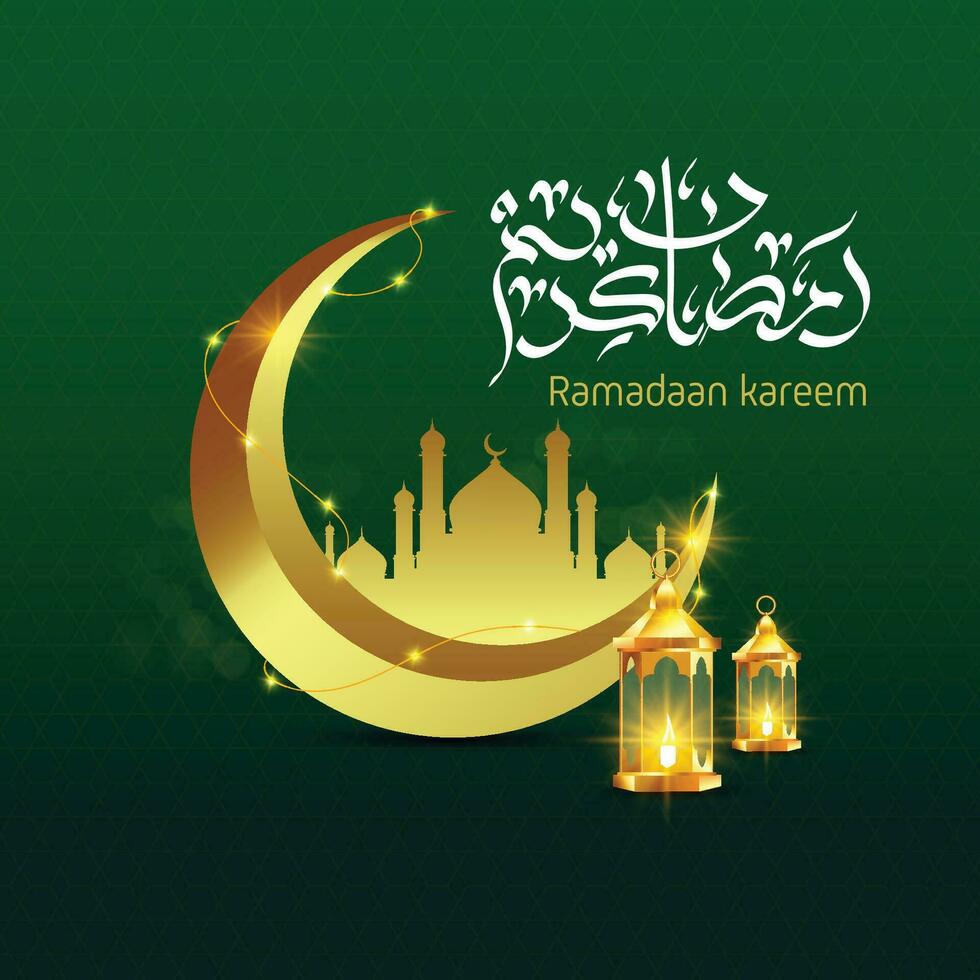 Ramadan kareem d'or lanterne et lune avec islamique modèle embrasé dans le nuit. eid moubarak. saint mois pour jeûne les musulmans. arabe calligraphie. vecteur