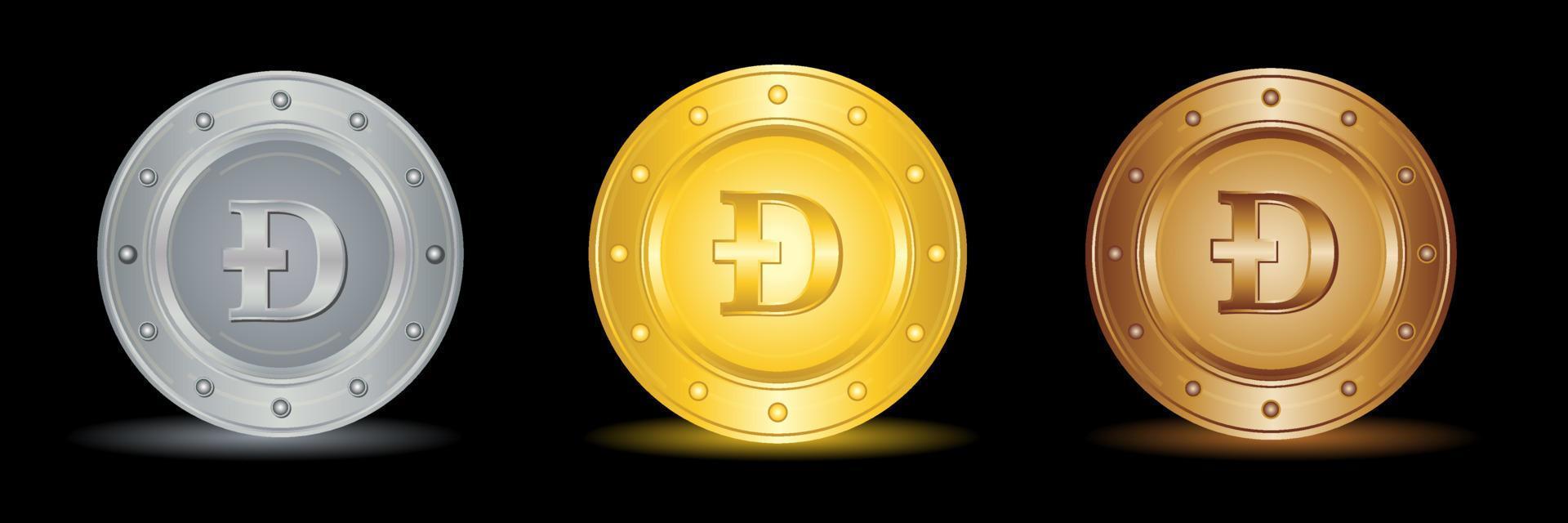 icône de monnaie crypto dogecoin sertie de trois couleurs vecteur