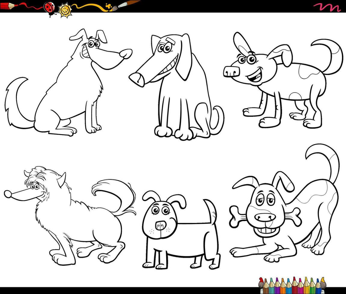 dessin animé, chiens, animal, caractères, ensemble, coloration, page vecteur