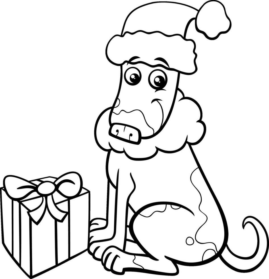 marrant dessin animé chien avec Noël cadeau coloration page vecteur