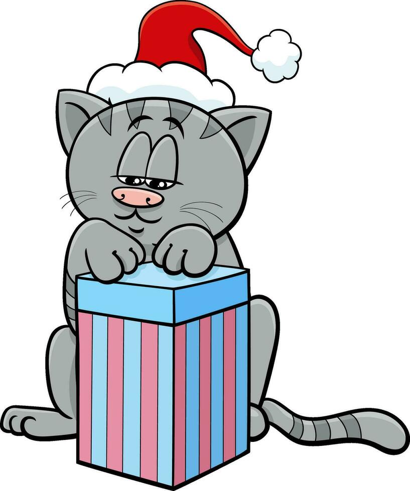 marrant dessin animé chat avec cadeau sur Noël temps vecteur