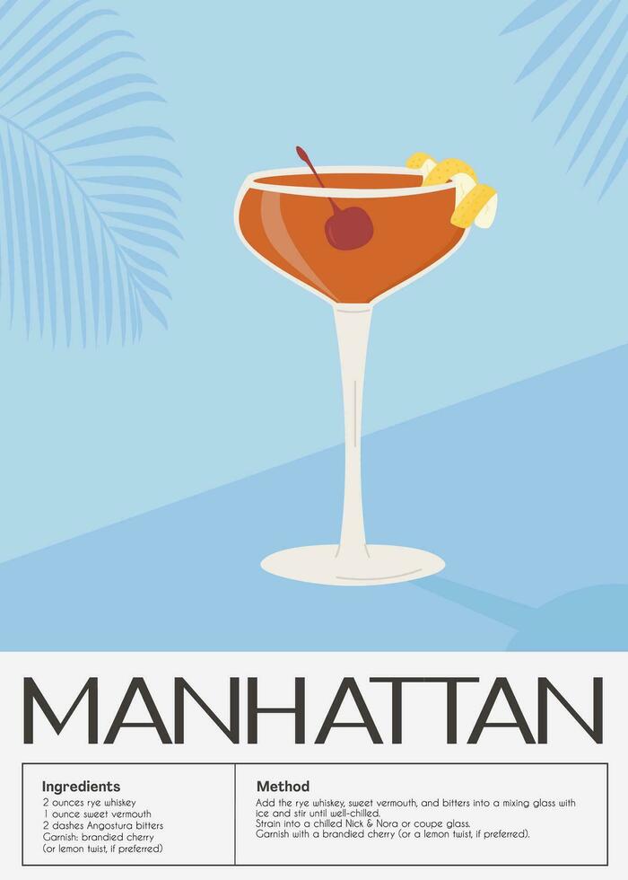 Manhattan classique cocktail garni avec Marasquin cerise. classique alcoolique boisson recette mur art imprimer. été apéritif affiche. minimaliste alcoolique boisson placard. vecteur illustration.