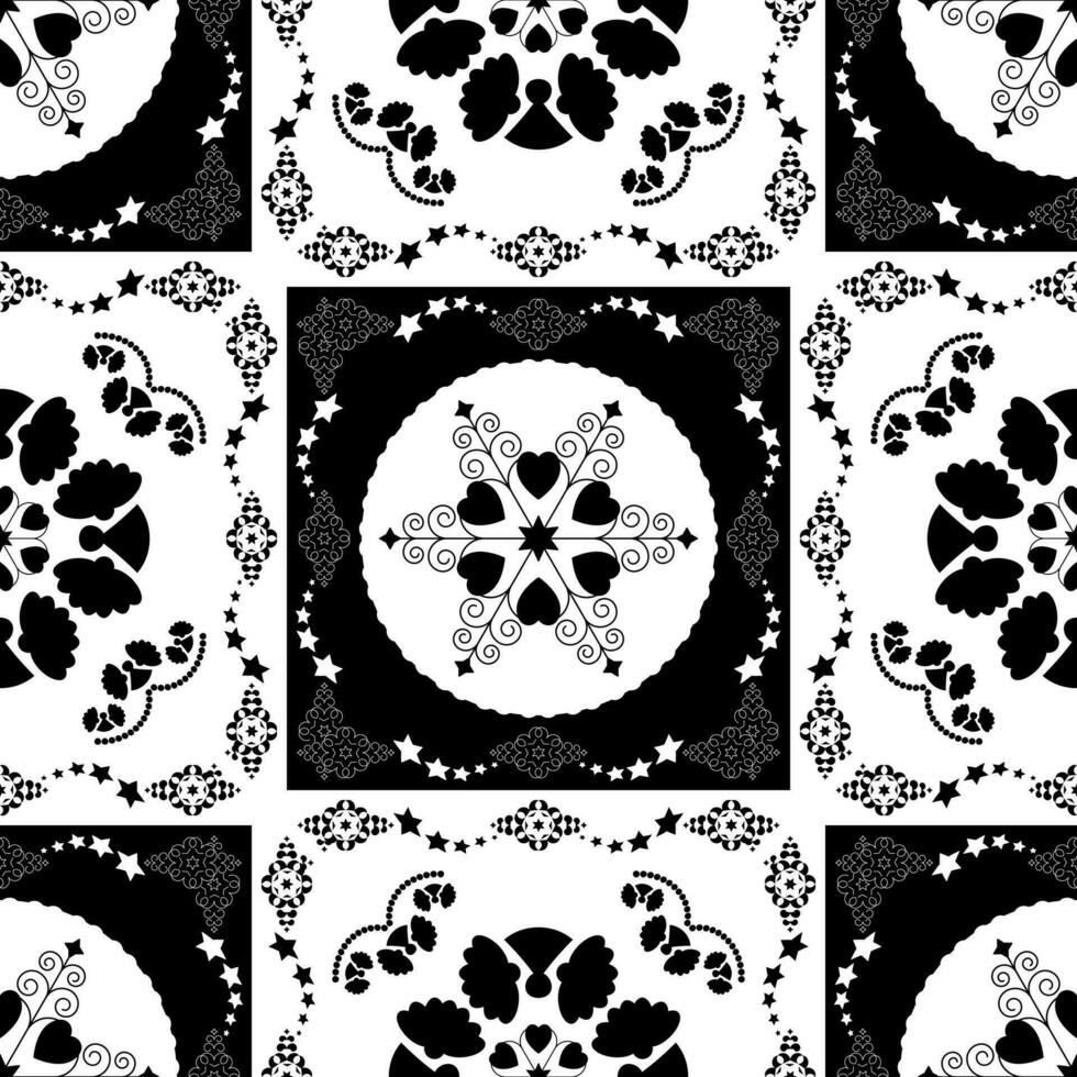 sans couture modèle. Noël thème. jolie mandalas avec anges et cœurs. noir et blanche. vecteur