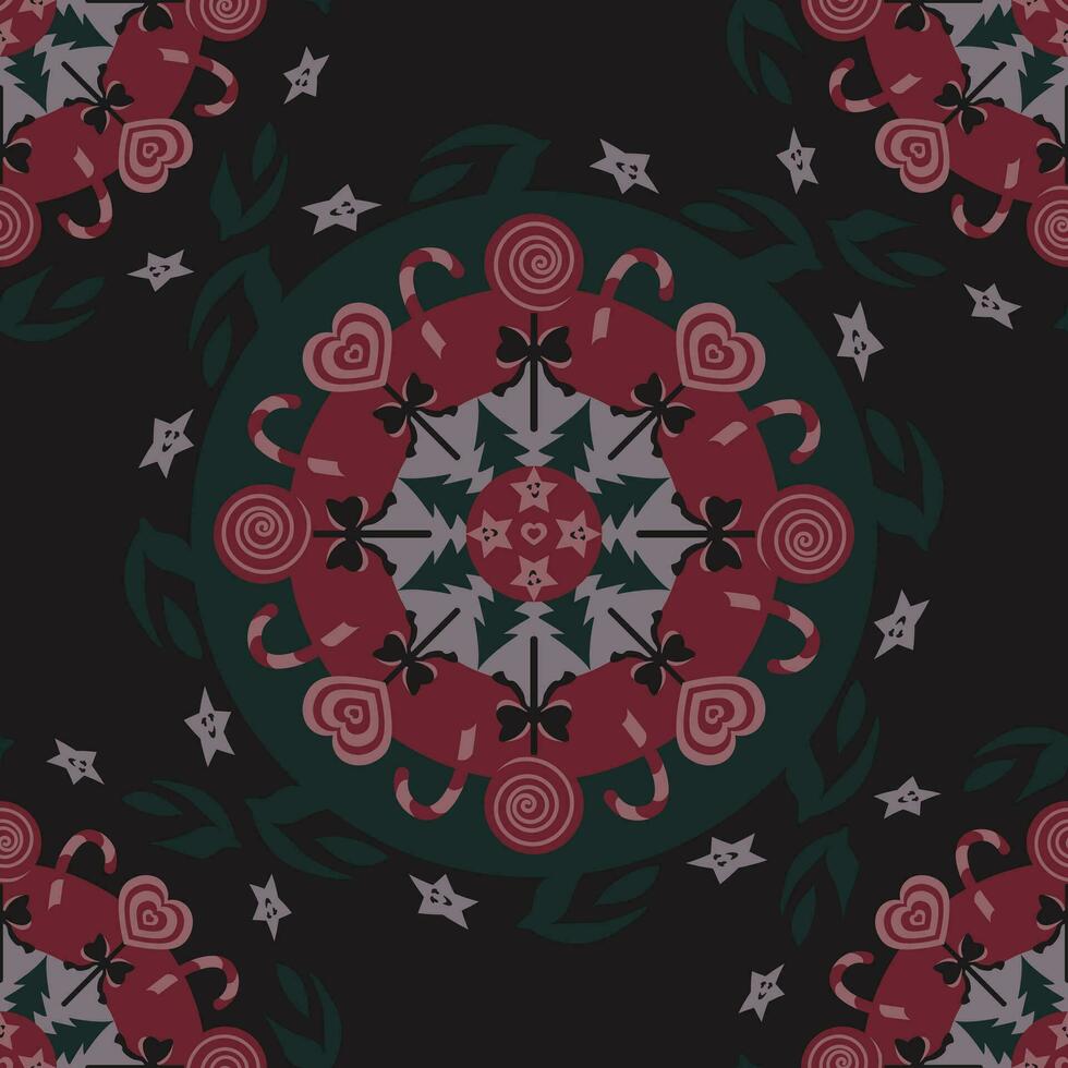 Noël sans couture modèle. sucette mandala. cœur sucette et bonbons canne. Noël arbre et étoiles. Chocolat et framboise couleurs. vecteur