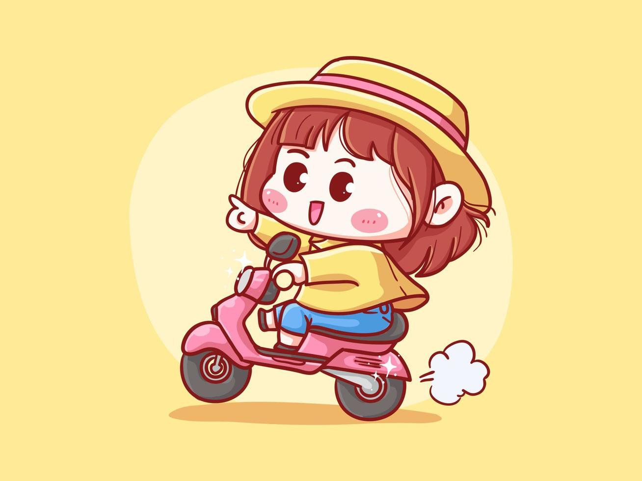 fille mignonne et kawaii avec un chapeau de paille équitation scooter pour livraison manga chibi illustration vecteur