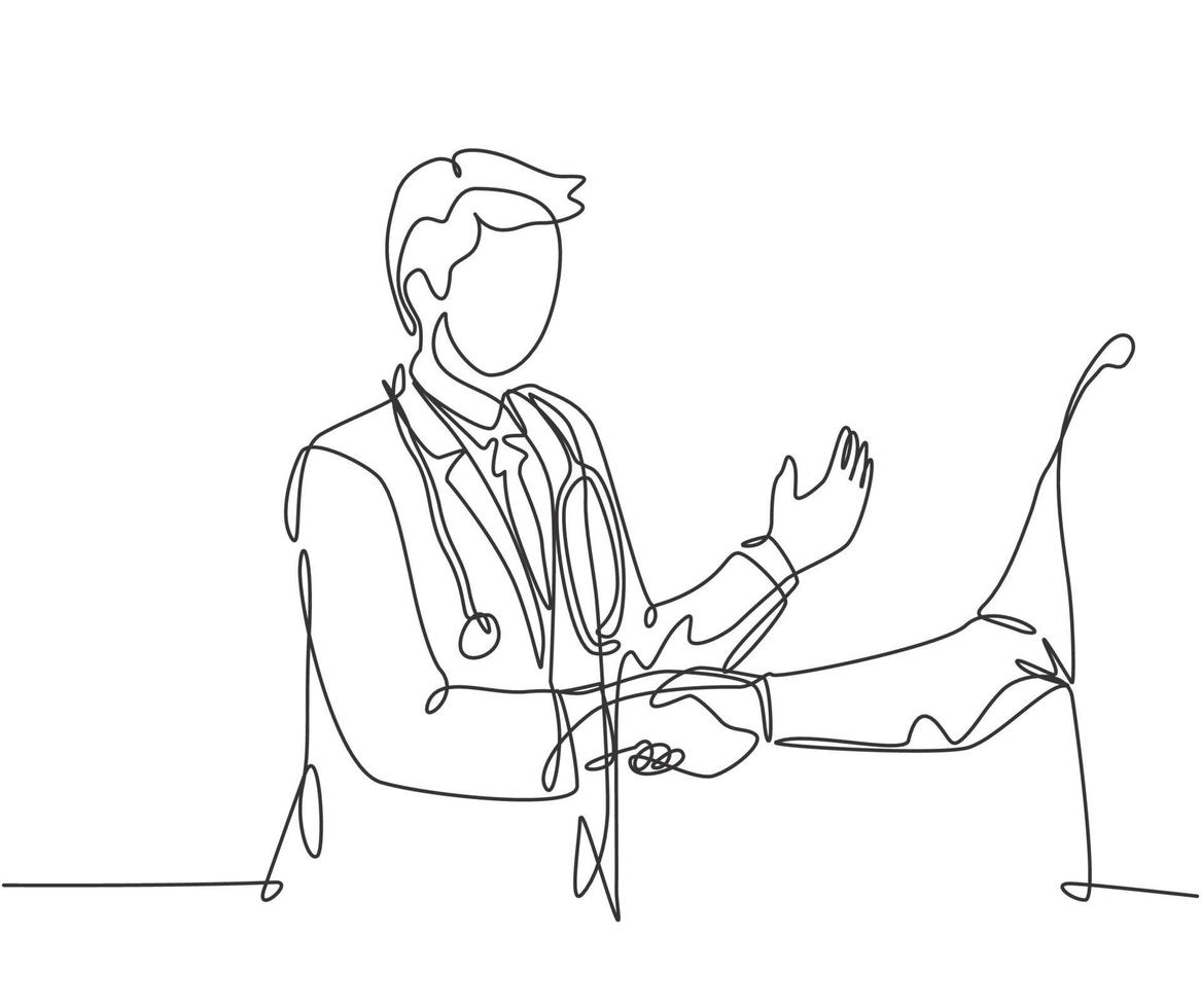 dessin au trait continu du jeune médecin serrant la main du patient à l'hôpital. concept de contrôle médical des soins de santé. une illustration vectorielle de dessin au trait vecteur