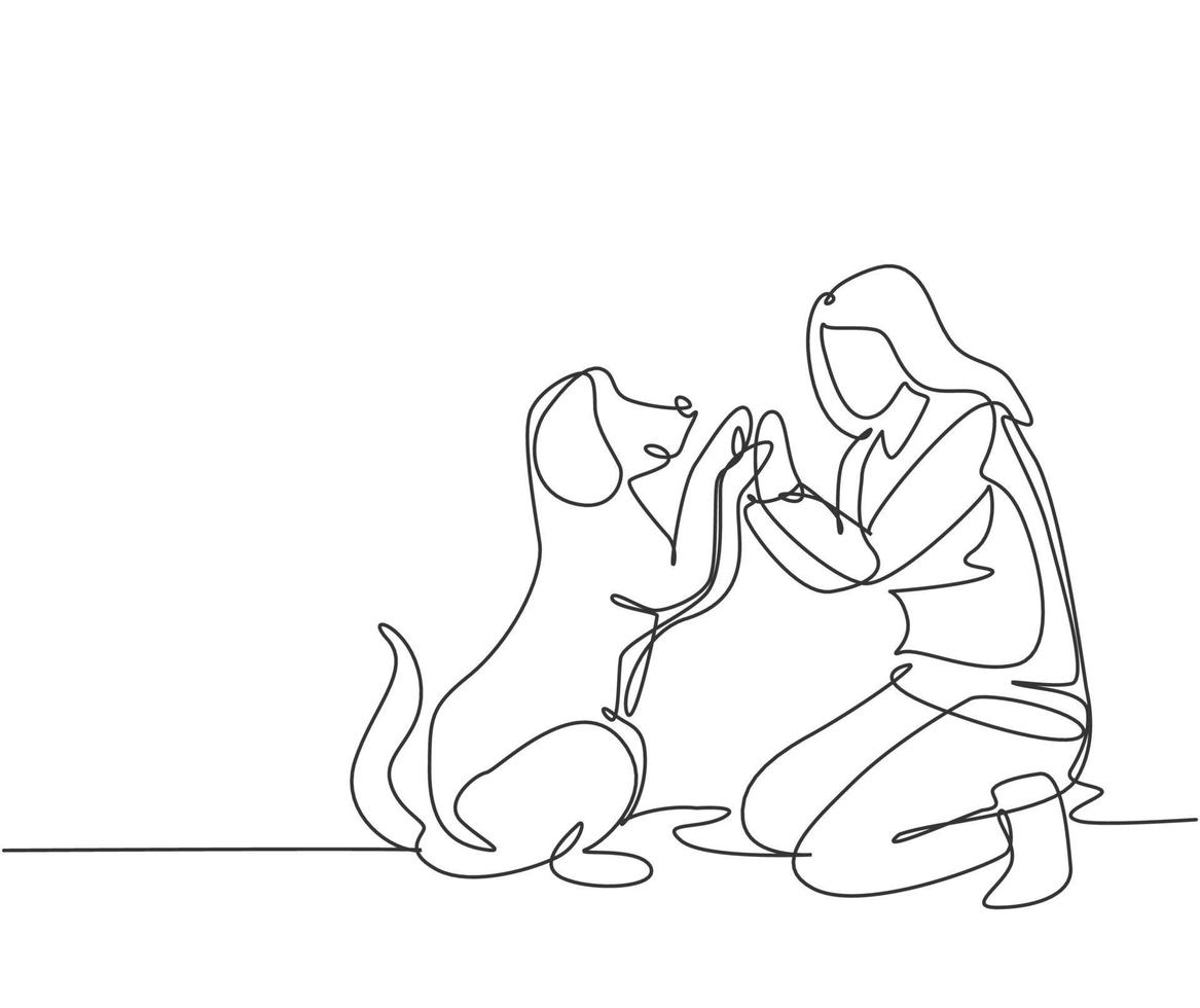 un dessin au trait d'une jeune femme heureuse s'accroupissant puis donnant cinq gestes à son chien au parc extérieur comme symbole d'amitié. concept de soins pour animaux de compagnie. ligne continue moderne dessiner illustration vectorielle de conception vecteur