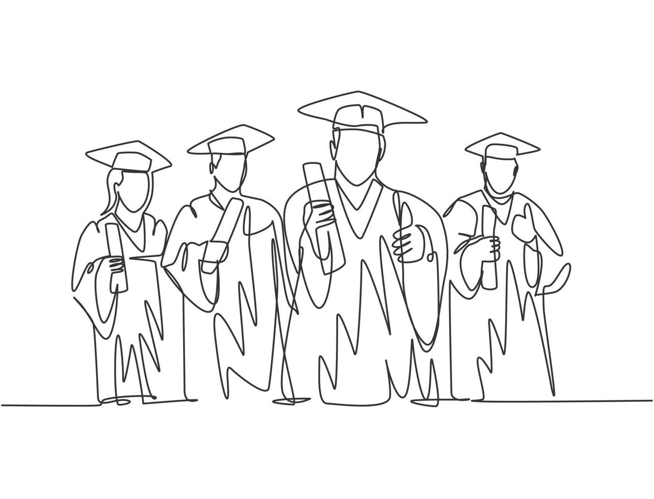 un groupe de dessin au trait de jeunes étudiants diplômés heureux, masculins et féminins, vêtus d'une robe et tenant un papier de certificat de diplôme. concept d'éducation ligne continue dessiner illustration vectorielle de conception vecteur