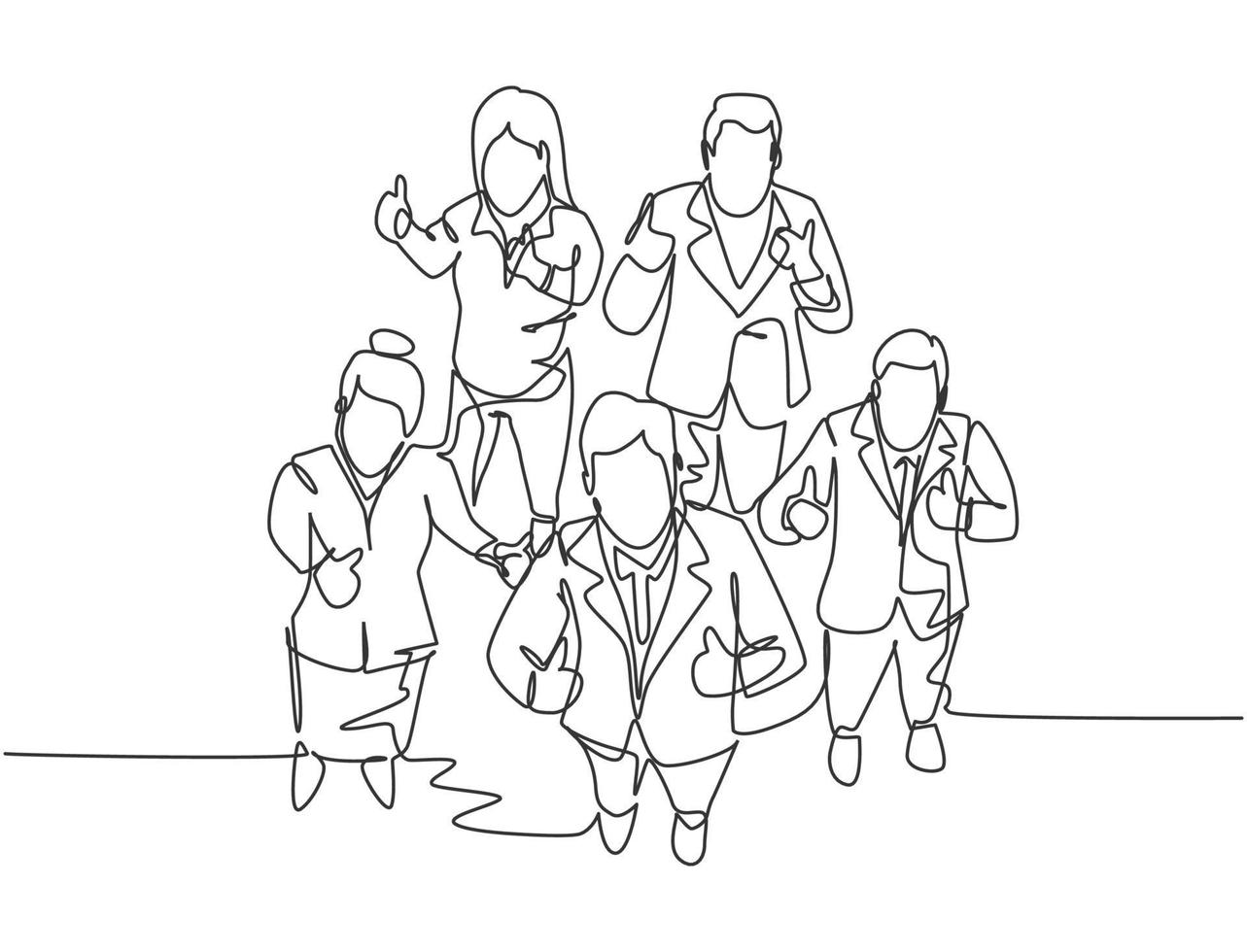 un dessin au trait d'un groupe d'hommes d'affaires et d'une femme d'affaires donnant le geste du pouce en vue de dessus. réunion d'affaires et concept de travail d'équipe. illustration vectorielle de ligne continue dessiner conception vecteur