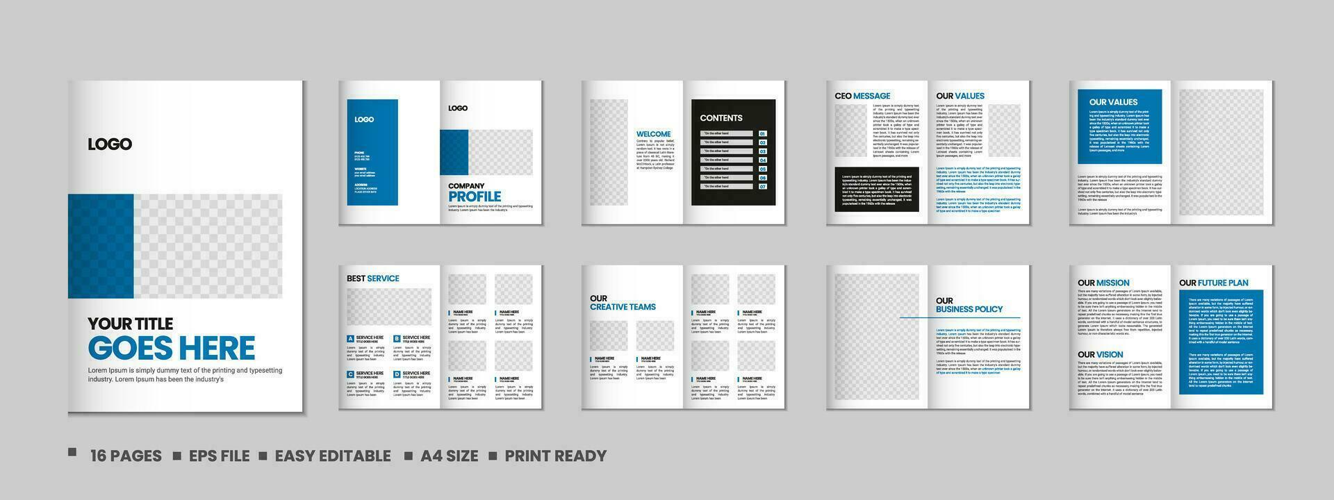 entreprise profil, plusieurs pages prospectus brochure, 16 pages portefeuille magazine, annuel rapport, catalogue et a4 plusieurs pages modèle conception vecteur