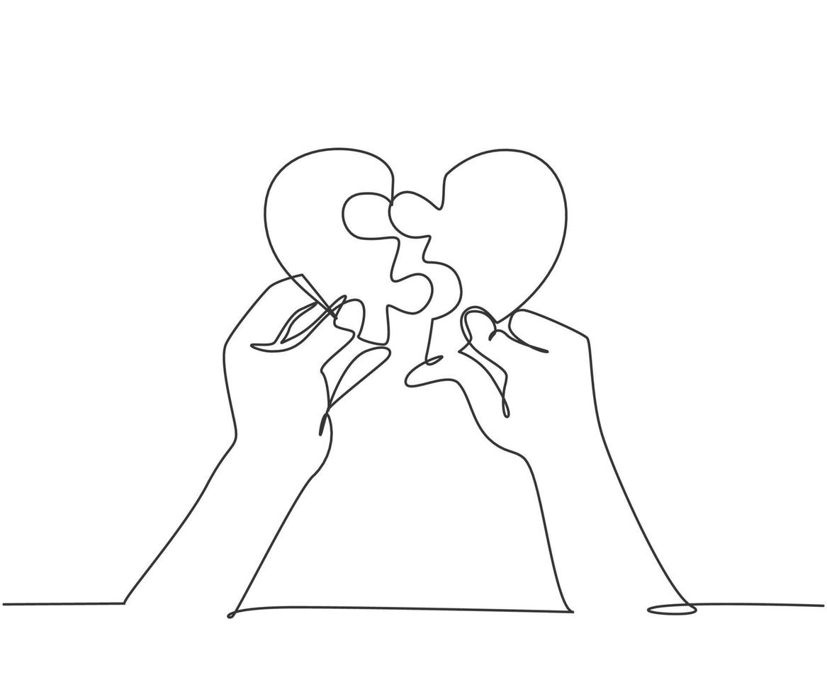 dessin au trait continu unique d'un jeune homme mignon et heureux réunissant les pièces du puzzle en forme de coeur. concept de mariage d'amour romantique. Une ligne moderne dessiner illustration vectorielle de conception graphique vecteur