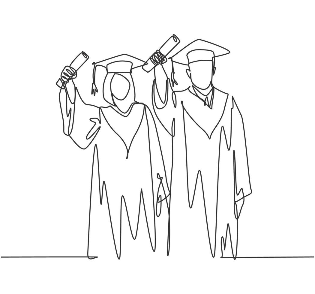 un dessin au trait continu d'un jeune étudiant en couple heureux fier de montrer sa lettre de remise des diplômes pour célébrer son diplôme. concept d'éducation ligne unique dessiner illustration vectorielle de conception vecteur