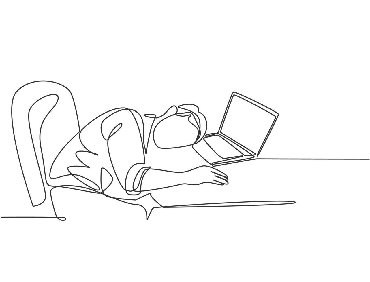 dessin au trait continu unique d'un jeune travailleur somnolent s'endormant sur un ordinateur portable pendant qu'il travaillait sur son bureau. La fatigue au travail au concept de bureau une ligne dessiner illustration vectorielle graphique de conception vecteur