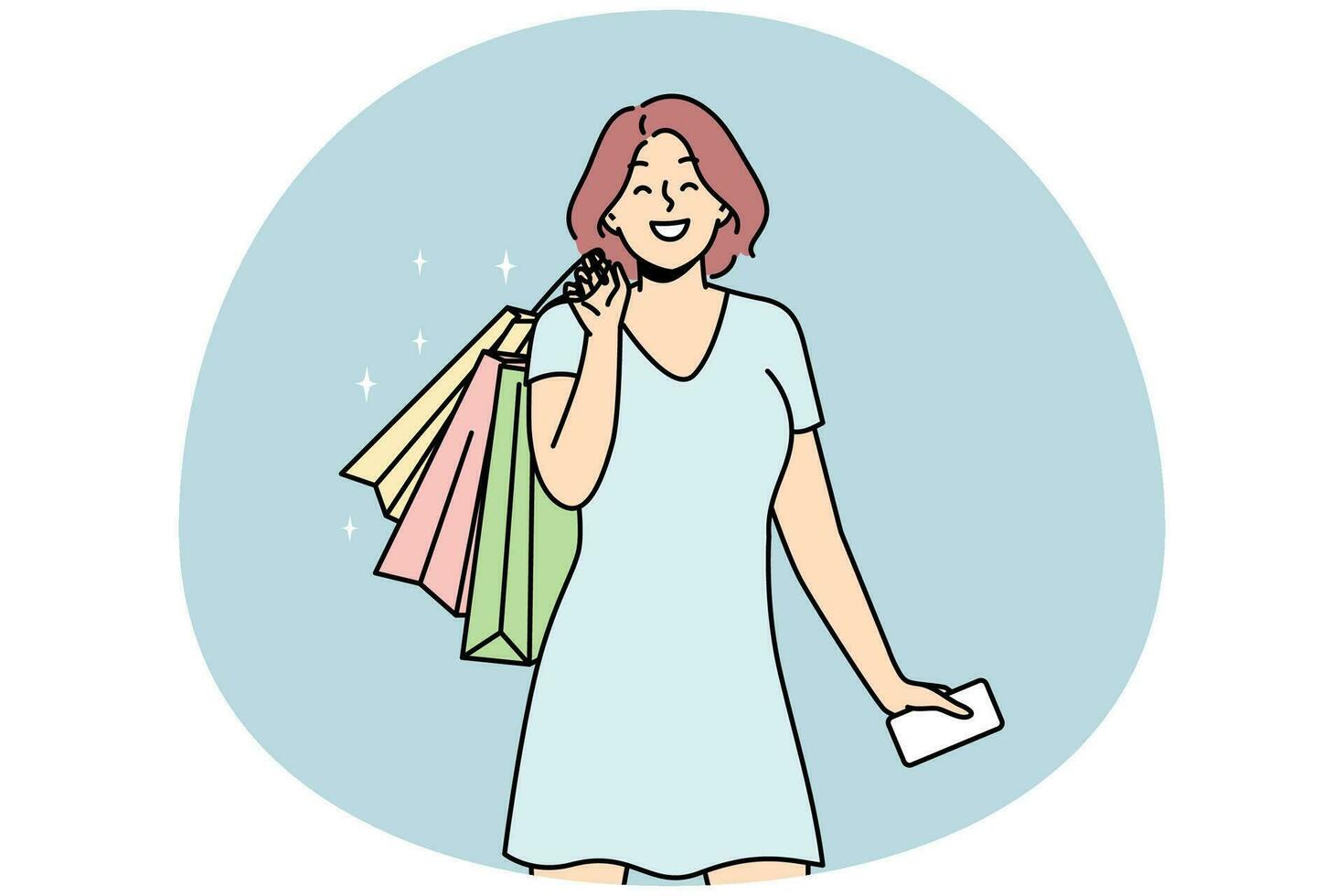 heureuse jeune femme avec des sacs excitée par le shopping dans un centre commercial ou un magasin. fille souriante ravie des achats. notion de consommation. illustration vectorielle. vecteur