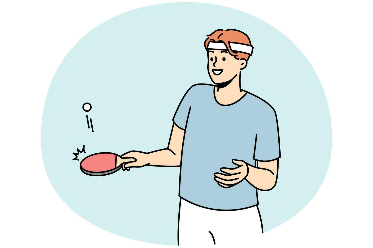 jeune homme souriant en tenue de sport jouant au tennis. heureux athlète masculin ou sportif avec raquette engagé dans un jeu sportif. illustration vectorielle. vecteur