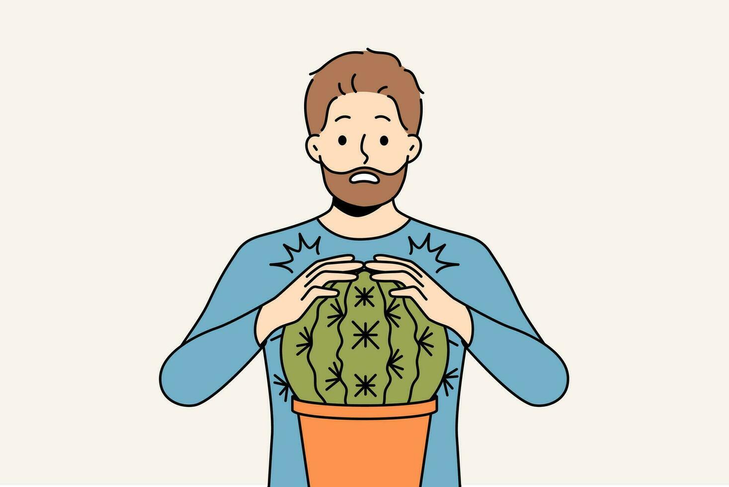 homme est effrayé et touche cactus et obtient blessure pour concept problèmes associé avec non rasé cheveux vecteur