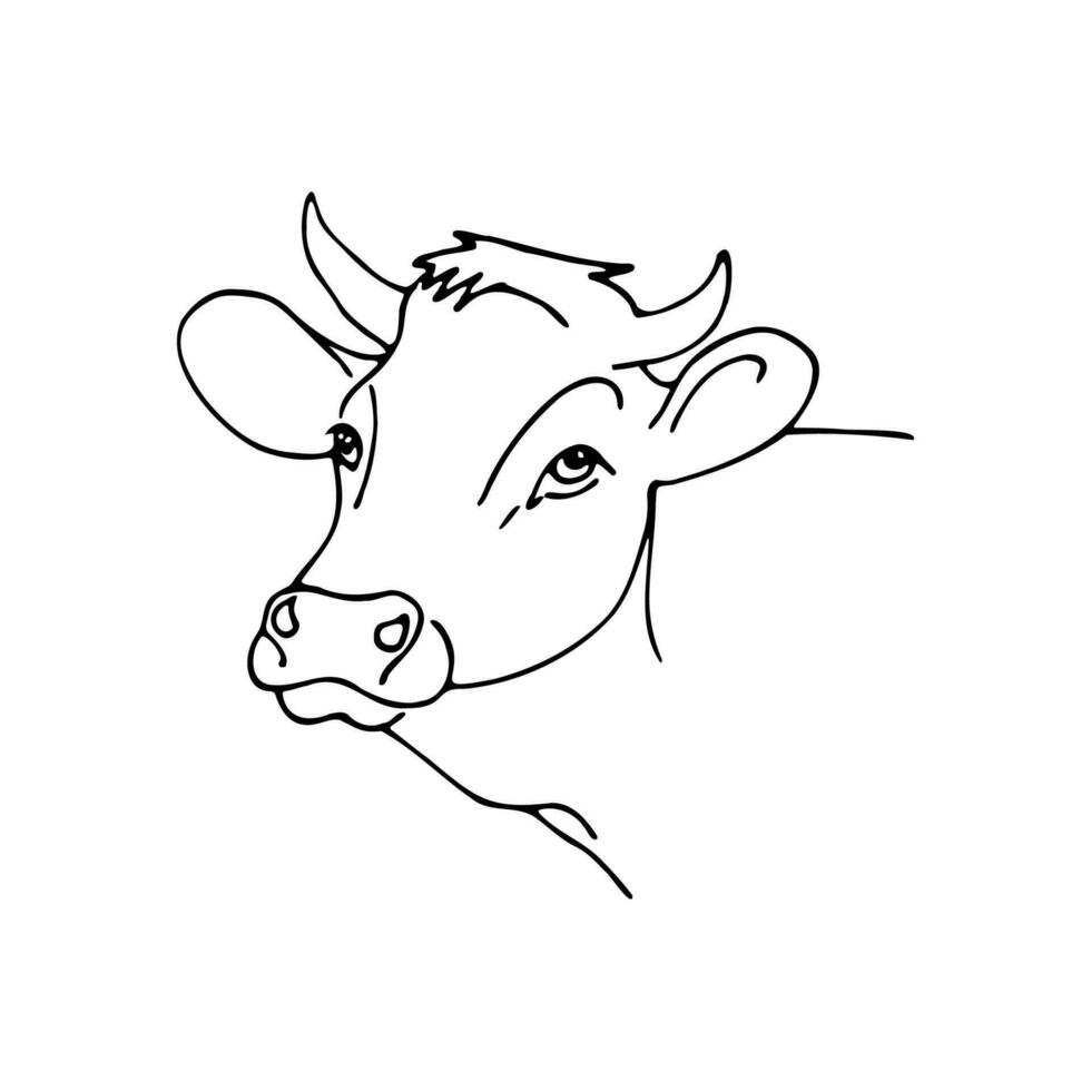 vecteur illustration main tiré dans dessin animé style. linéaire dessin de une vaches tête sur une blanc Contexte. noir et blanc illustration portrait de une vache.