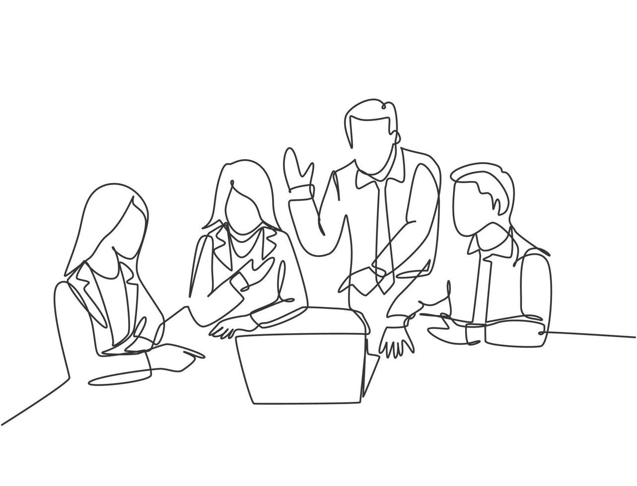 un seul dessin au trait de jeunes startupers heureux face à un ordinateur portable pour écouter le PDG présenter le plan d'affaires. concept de réunion d'affaires ligne continue dessiner illustration vectorielle de conception vecteur