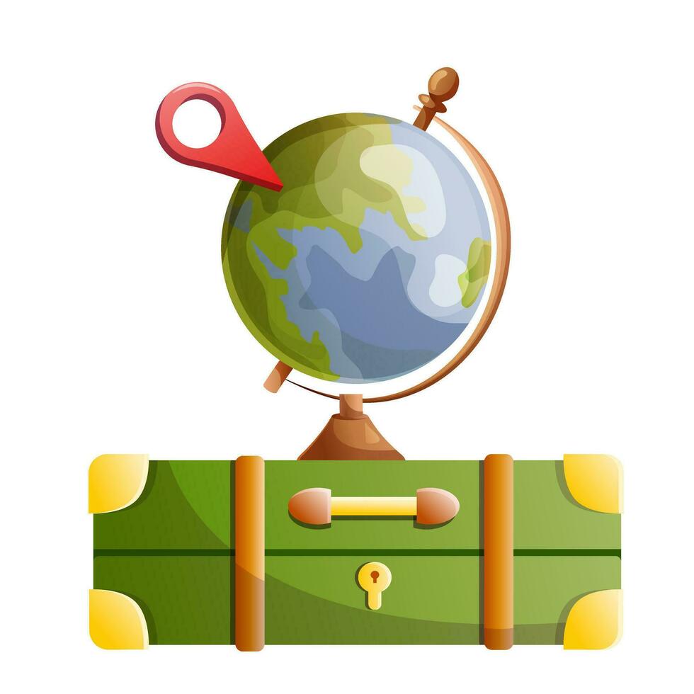 Voyage autour monde concept. grand globe permanent sur valise. géolocalisation. dessin animé plat vecteur illustration isolé sur blanc Contexte