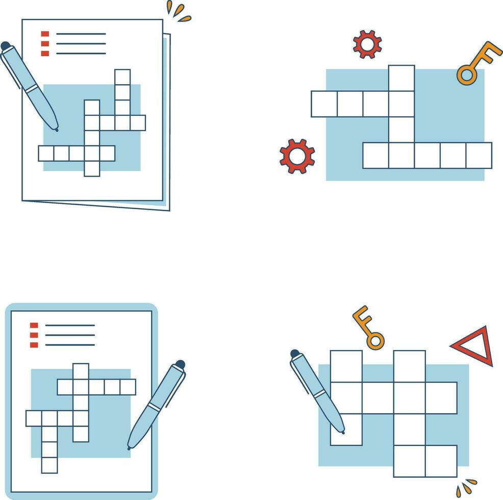 mots croisés puzzle journée icône ensemble. avec différent dessin animé décoration. vecteur illustration.