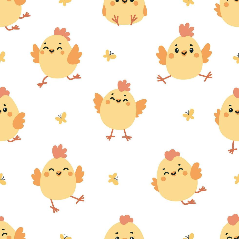 sans couture vecteur modèle. mignonne poulets dans différent pose. papillons et modèle pour Pâques journée