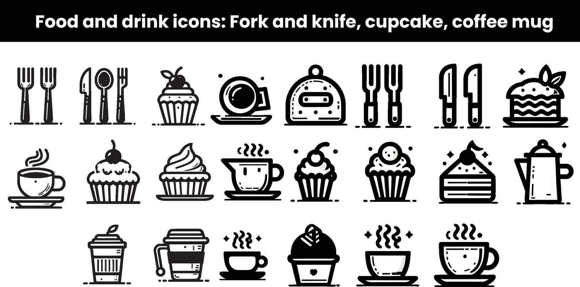 nourriture et boisson Icônes, fourchette et couteau, petit gâteau, café tasse, Icônes ensemble, noir et blanc, blanc arrière-plan, vecteur regarder, ligne Icônes