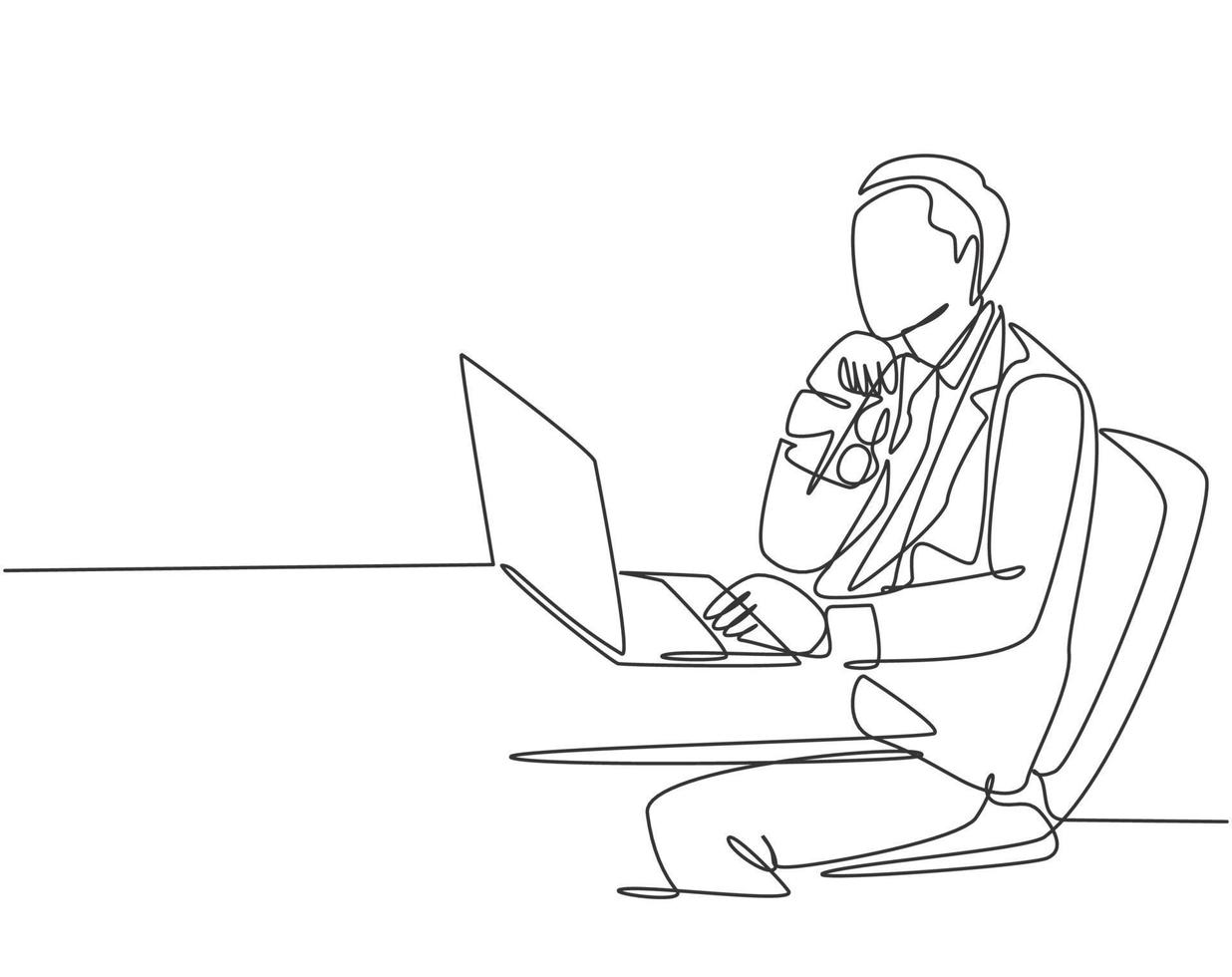 un dessin au trait continu d'un jeune gestionnaire se concentrant sur la pensée et tenant son menton à l'aide des mains tout en étant assis devant l'ordinateur. Idée d'entreprise concept dessiner une seule ligne design vector illustration