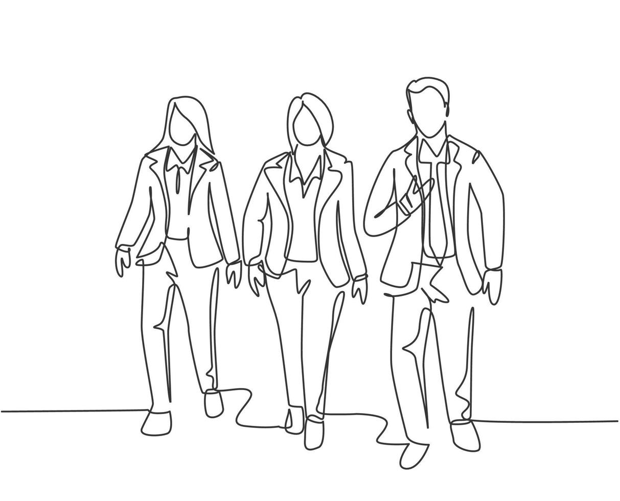 un dessin au trait continu de jeunes employés masculins et féminins parlant et marchant ensemble dans la rue pour se rendre au métro de la ville. Les navetteurs urbains concept dessinent une seule ligne illustration vectorielle de conception vecteur