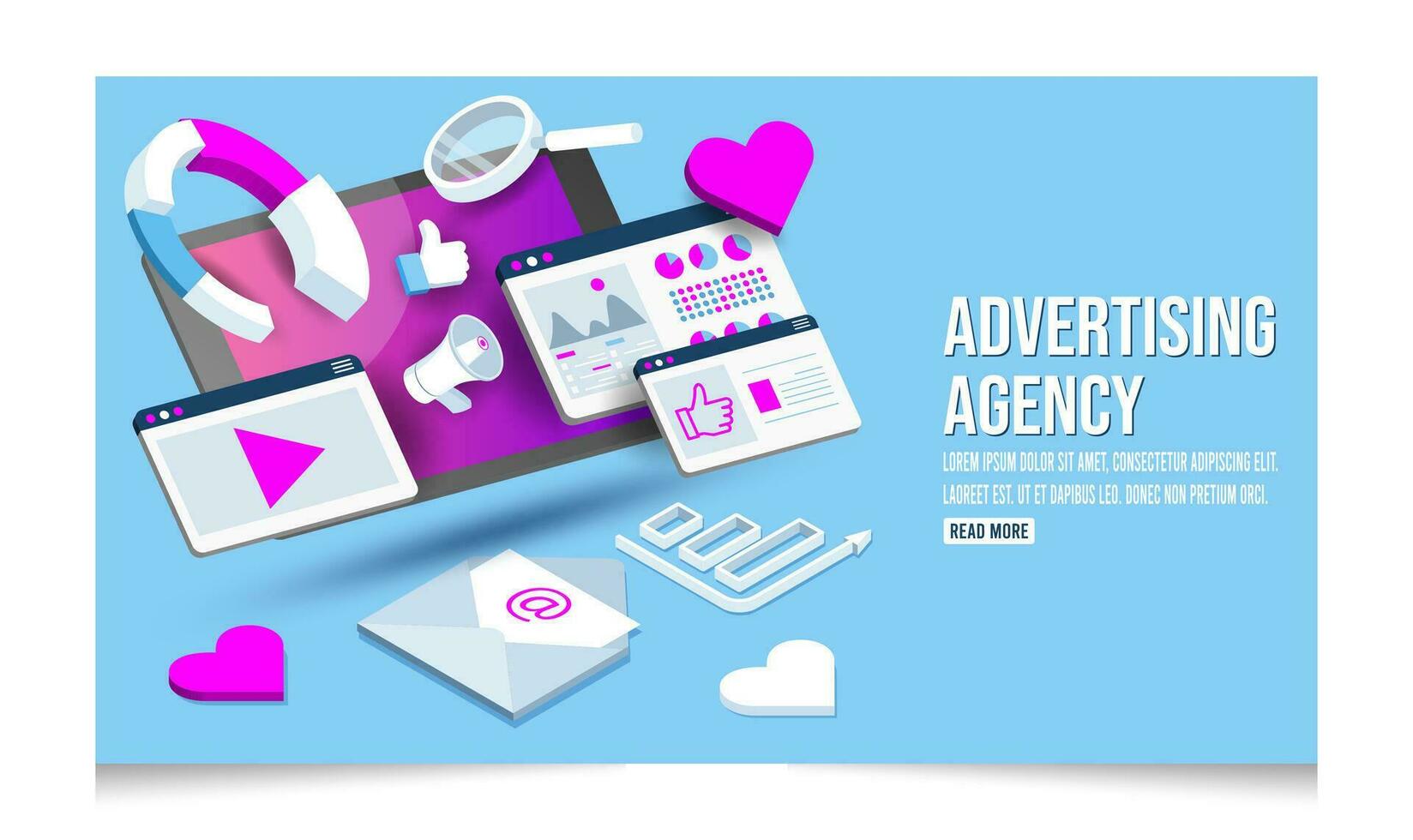 3d conceptuel illustration de La publicité Créatif agence, La publicité agence travail processus, social médias campagne et numérique commercialisation. vecteur illustration eps10