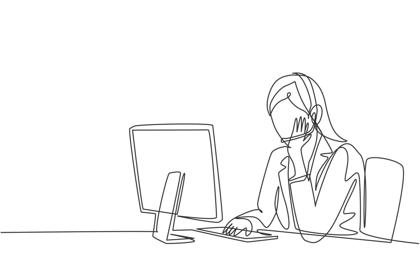 un seul dessin d'une jeune femme qui s'occupe du service client écoutant pensivement l'appel d'un client assis devant l'ordinateur. concept de centre d'appels ligne continue dessiner illustration vectorielle de conception vecteur