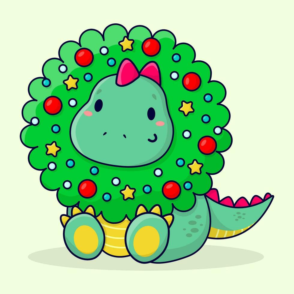 mignonne dessin animé dinosaure et Noël couronne. plat vecteur illustration