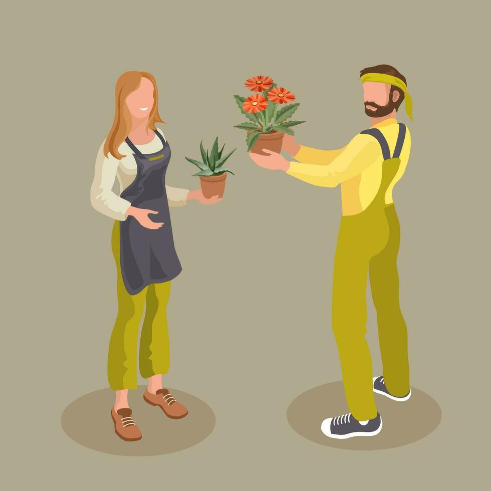 Jeune homme et fille sont en portant pots de fleurs. isométrique vecteur illustration.