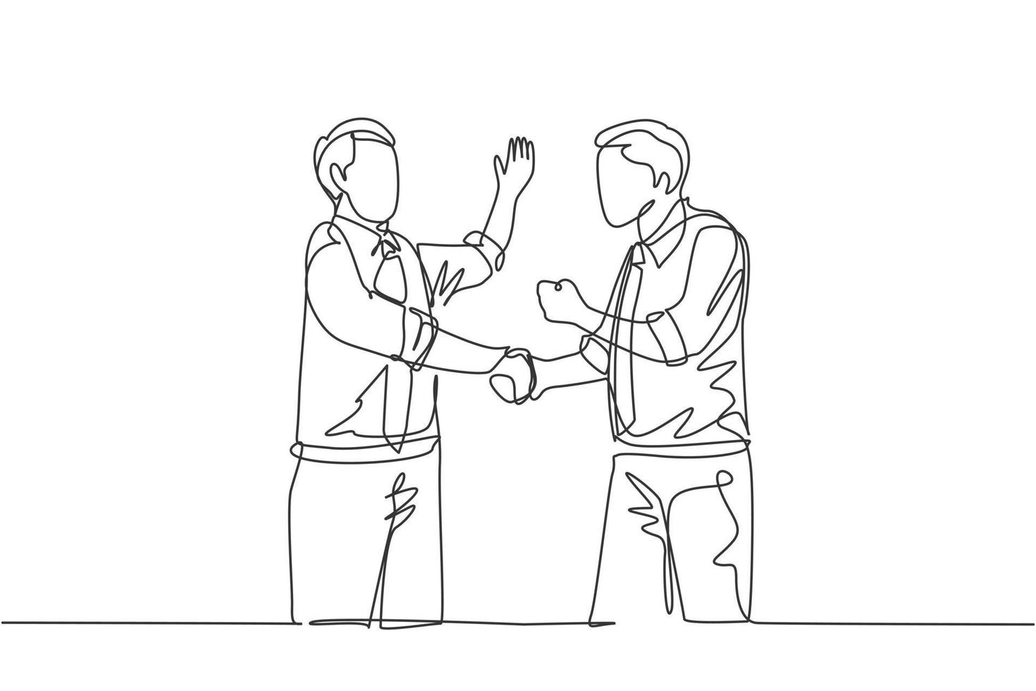 un dessin au trait unique de deux jeunes collègues hommes d'affaires heureux se serrant la main pour s'occuper du travail d'équipe. concept de célébration d'accord commercial ligne continue graphique dessiner illustration vectorielle vecteur